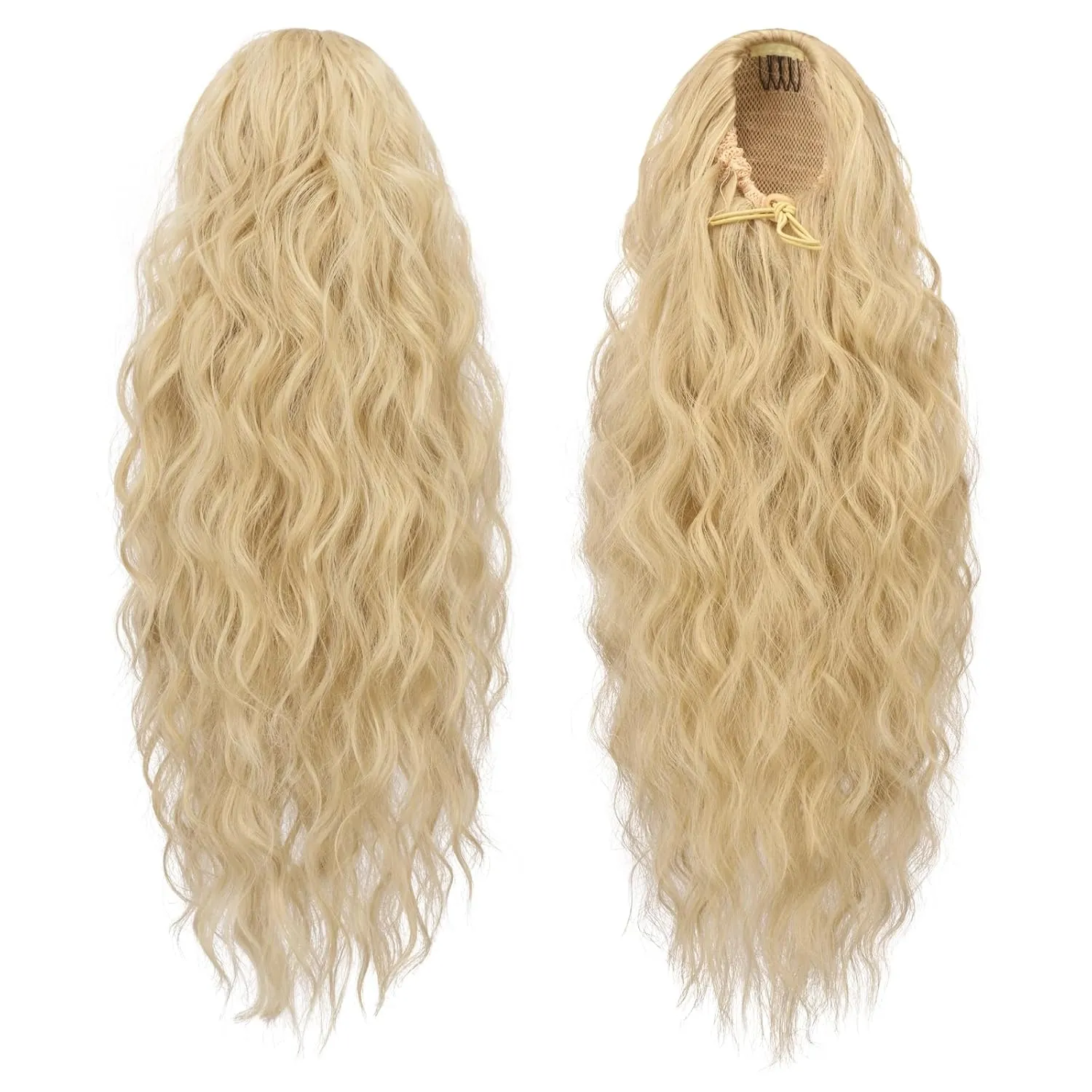 FESHFEN Ponytail Extensions, Long Curly Wavy Drawstring Ponytails Fluffy Clip in Pony Tail Hair Piece Synthetic Hairpieces for Women, 18 inch Ash Blonde