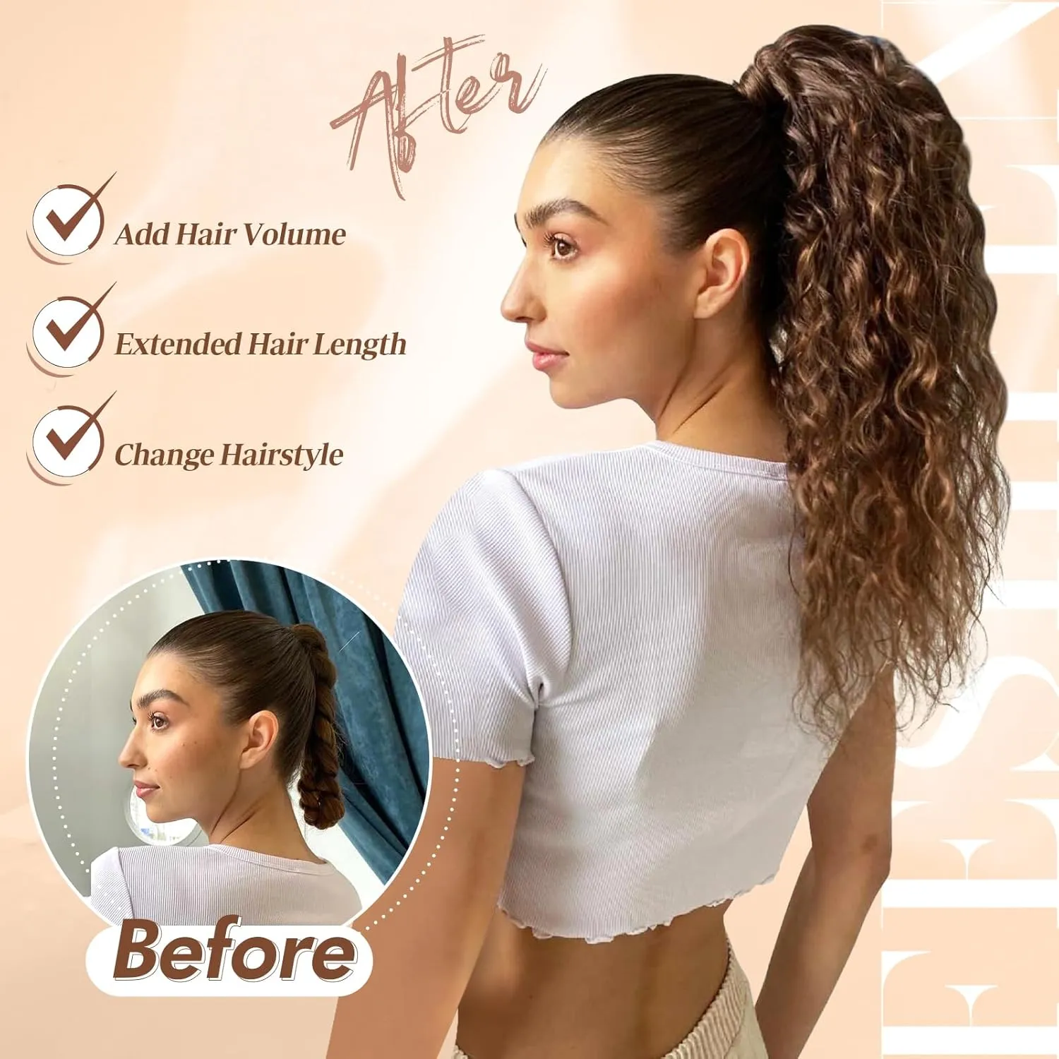 FESHFEN Ponytail Extensions, Long Curly Wavy Drawstring Ponytails Fluffy Clip in Pony Tail Hair Piece Synthetic Hairpieces for Women, 18 inch Ash Blonde