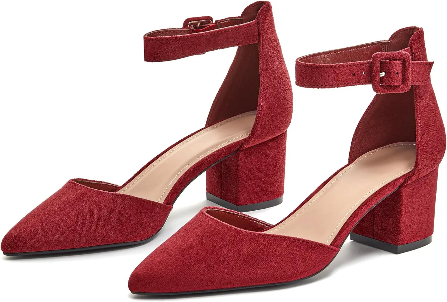 FISACE Womens Low Mid Square Heel Ankle Strap Sandal Office Ladies Pointed Toe Pumps Shoes