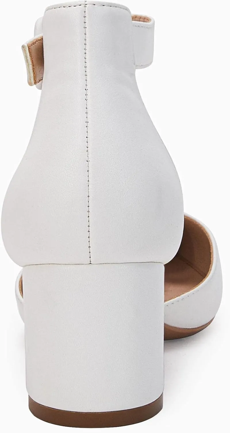 FISACE Womens Low Mid Square Heel Ankle Strap Sandal Office Ladies Pointed Toe Pumps Shoes