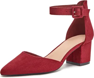 FISACE Womens Low Mid Square Heel Ankle Strap Sandal Office Ladies Pointed Toe Pumps Shoes