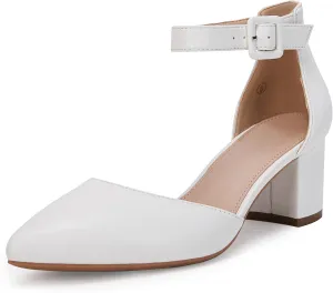 FISACE Womens Low Mid Square Heel Ankle Strap Sandal Office Ladies Pointed Toe Pumps Shoes