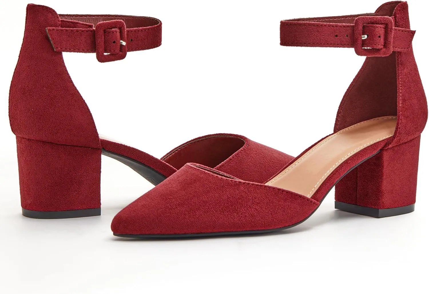 FISACE Womens Low Mid Square Heel Ankle Strap Sandal Office Ladies Pointed Toe Pumps Shoes