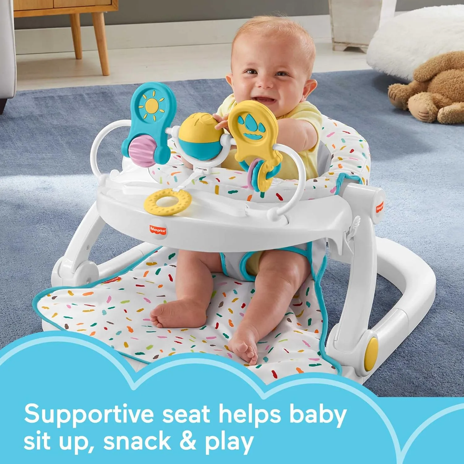 Fisher-Price Portable Baby Chair Deluxe Sit-Me-Up Floor Seat with Snack Tray, Rainbow Sprinkles
