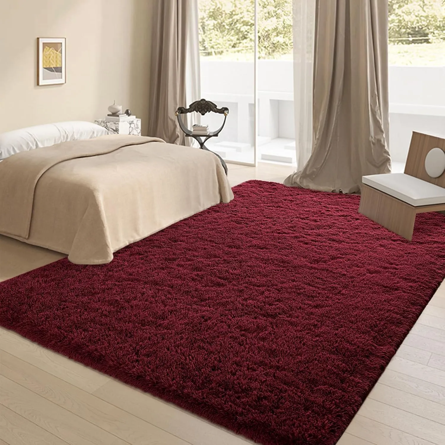 Fluffy Burgundy Red Rugs for Bedroom, 4x6 Feet Dark Red Area Rug for Living Room, Soft Shaggy Plush Cute Floor Carpet for Boys Kids Girls Bedroom, Non Slip and Washable Carpets for Home Decor