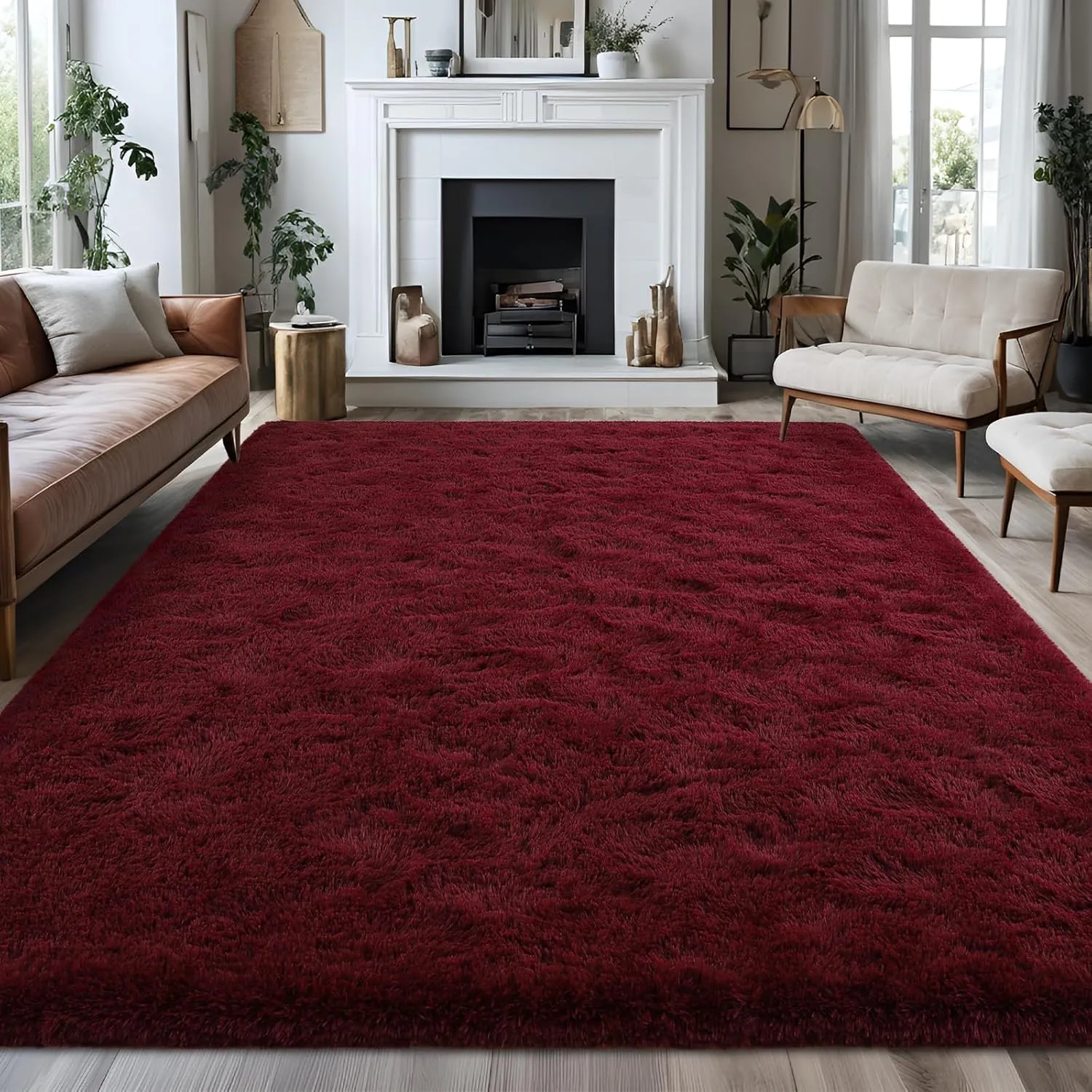 Fluffy Burgundy Red Rugs for Bedroom, 4x6 Feet Dark Red Area Rug for Living Room, Soft Shaggy Plush Cute Floor Carpet for Boys Kids Girls Bedroom, Non Slip and Washable Carpets for Home Decor