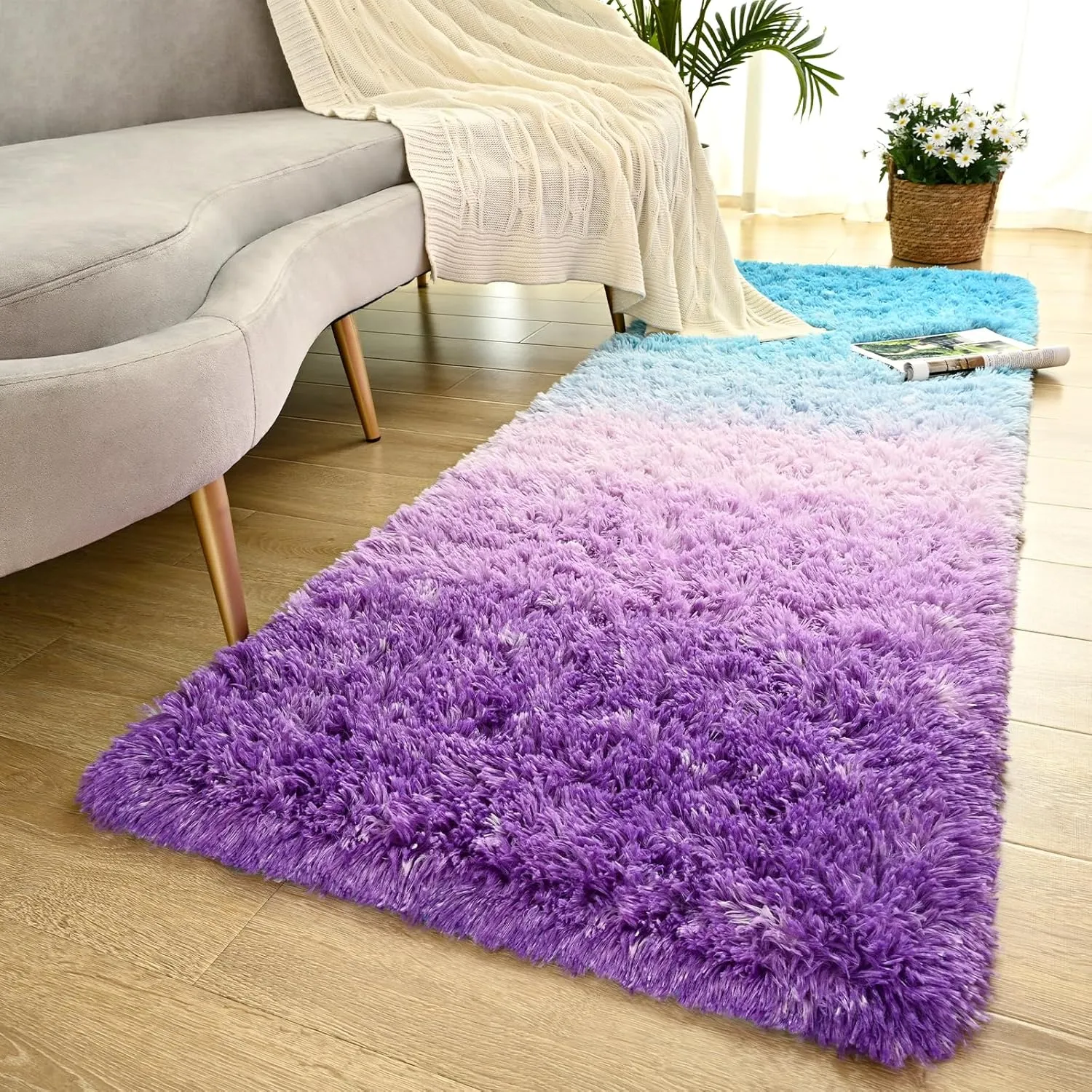 Fluffy Purple-Blue Rug, 2x6 Feet Soft Area Rugs for Bedroom Living Room, Modern Shag Rugs Carpets for Children Nursery Kids Girls Room Home Decor