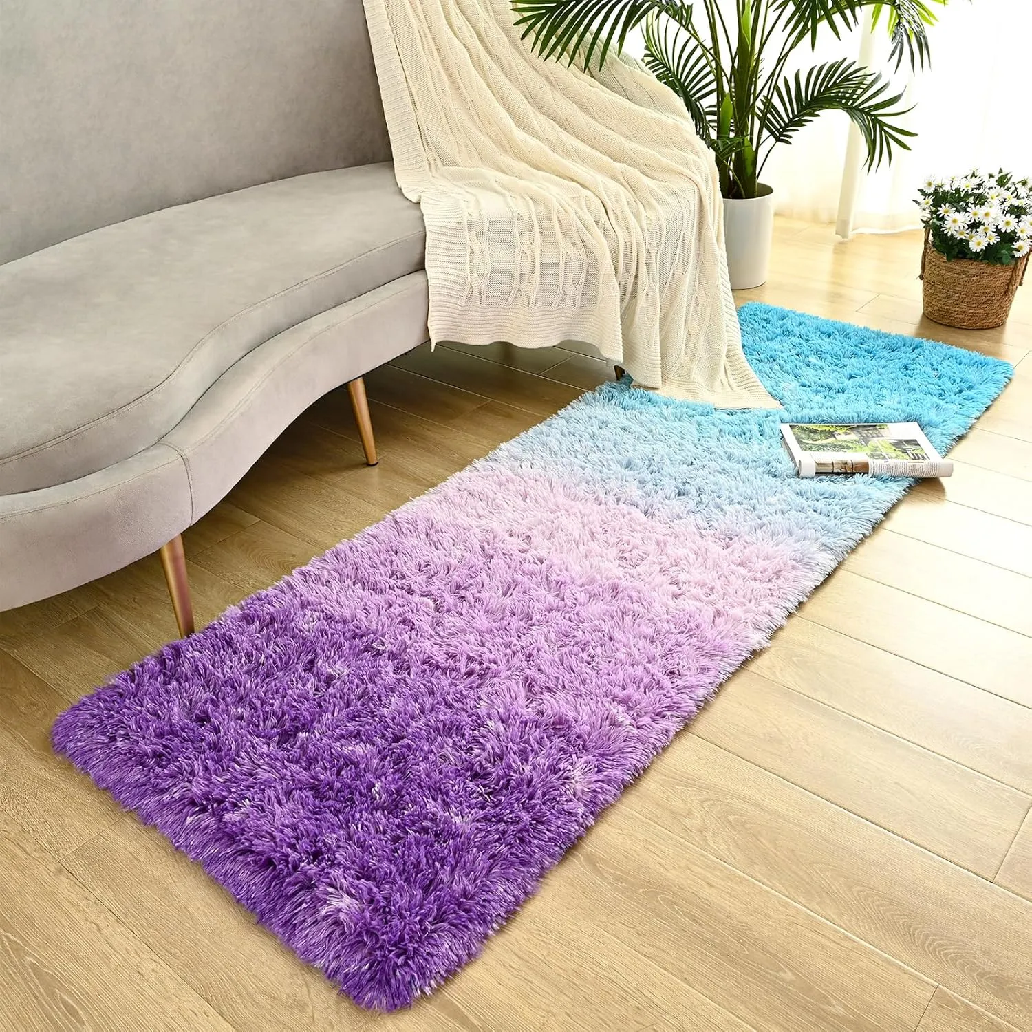 Fluffy Purple-Blue Rug, 2x6 Feet Soft Area Rugs for Bedroom Living Room, Modern Shag Rugs Carpets for Children Nursery Kids Girls Room Home Decor