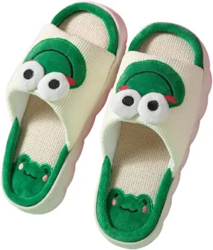 Frog Slippers for Women Men Animal Cartoon Linen Cotton Slippers Non-Slip Four Seasons Comfy Winter Indoor Outdoor Open Toe Summer Shoes(36/37 EU, Green~B)
