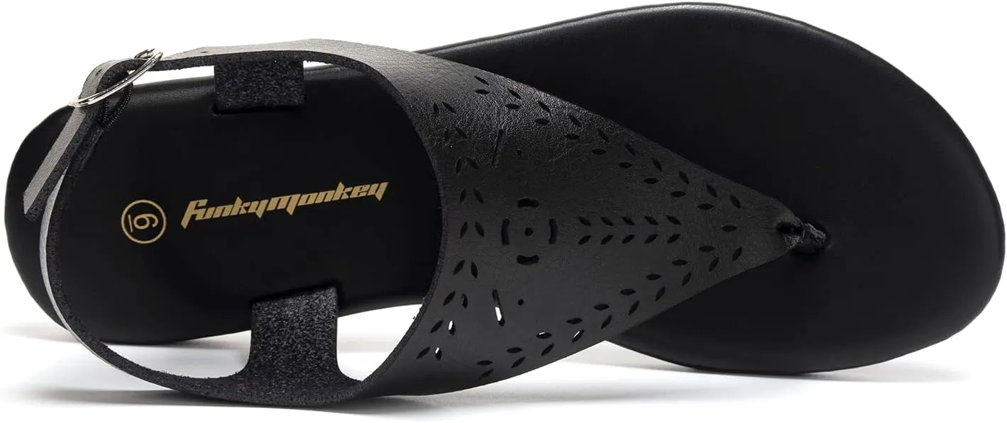 FUNKYMONKEY Thong Flat Sandals, Women's Casual T-Strap and Adjustable Ankle Buckle for Summer Beach Sandals