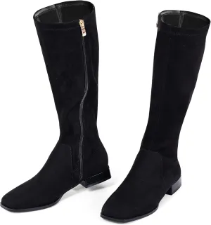 GENSHUO Knee High Boots for Women Comfy Flat Heel Vintage Square Toe Fall Winter Solid Side Zipper Costume Knight Booties