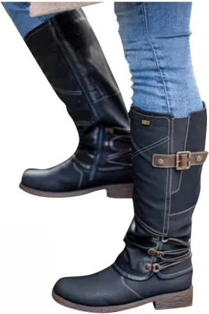 Gibobby Boots for Women,Women's Low Heel Mid Calf Boots Retro Side Zipper Knight Boots Comfy Combat Style Fall Warm Outdoor Western Shoes