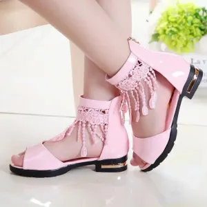 Girls' Low Heel Sandals with Pink Tassels