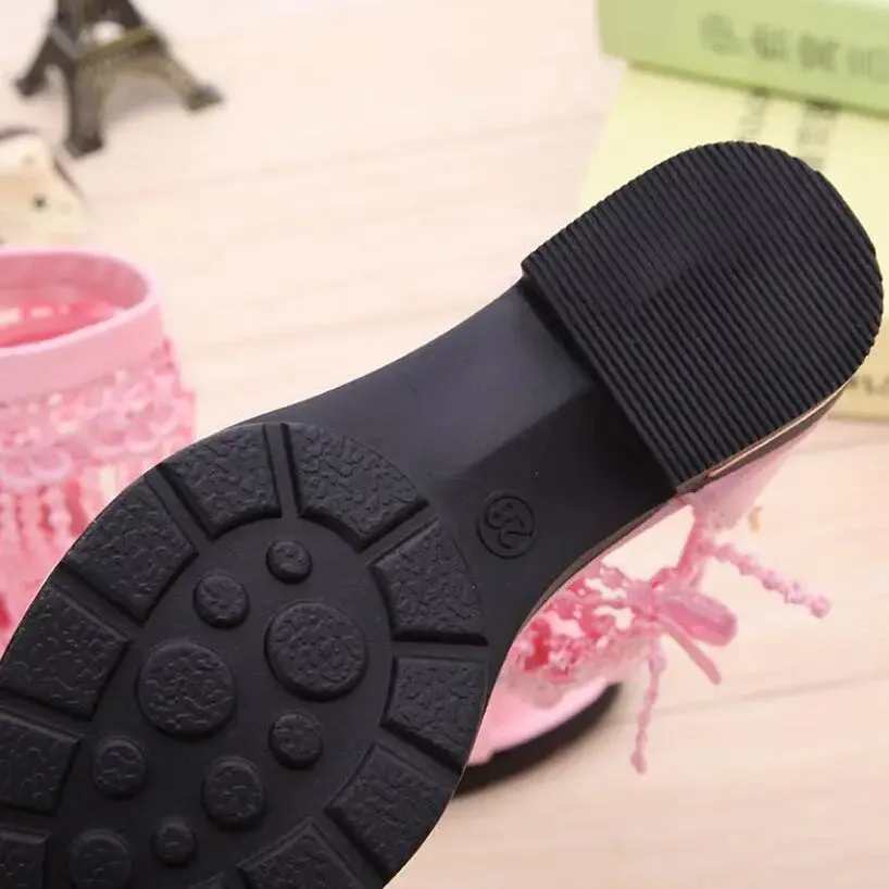 Girls' Low Heel Sandals with Pink Tassels