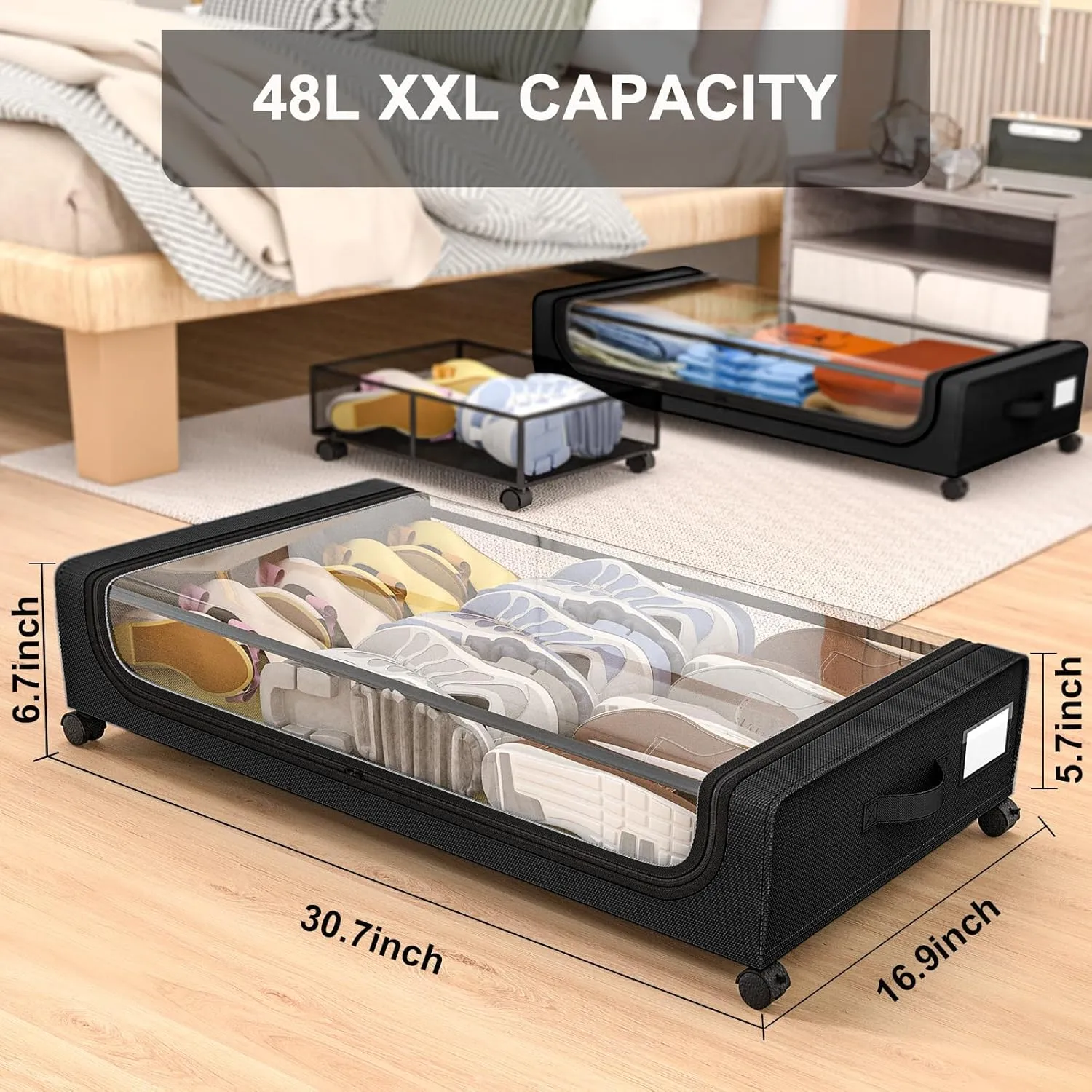 GoMaihe Under Bed Storage with Wheels: XXL Underbed Storage Containers with Clear Lids - Rolling Drawers & Bins for Shoes Clothes in Dorm Bedroom - Space-Saving Easy Pull-out Black 2-Pack