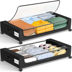 GoMaihe Under Bed Storage with Wheels: XXL Underbed Storage Containers with Clear Lids - Rolling Drawers & Bins for Shoes Clothes in Dorm Bedroom - Space-Saving Easy Pull-out Black 2-Pack