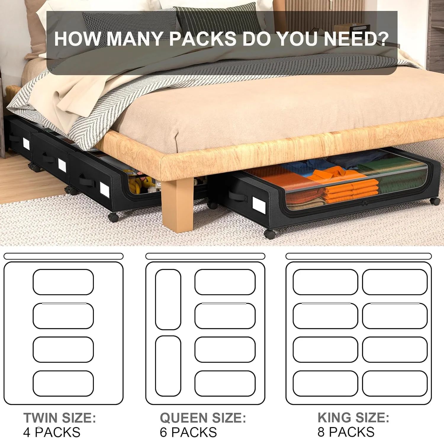 GoMaihe Under Bed Storage with Wheels: XXL Underbed Storage Containers with Clear Lids - Rolling Drawers & Bins for Shoes Clothes in Dorm Bedroom - Space-Saving Easy Pull-out Black 2-Pack