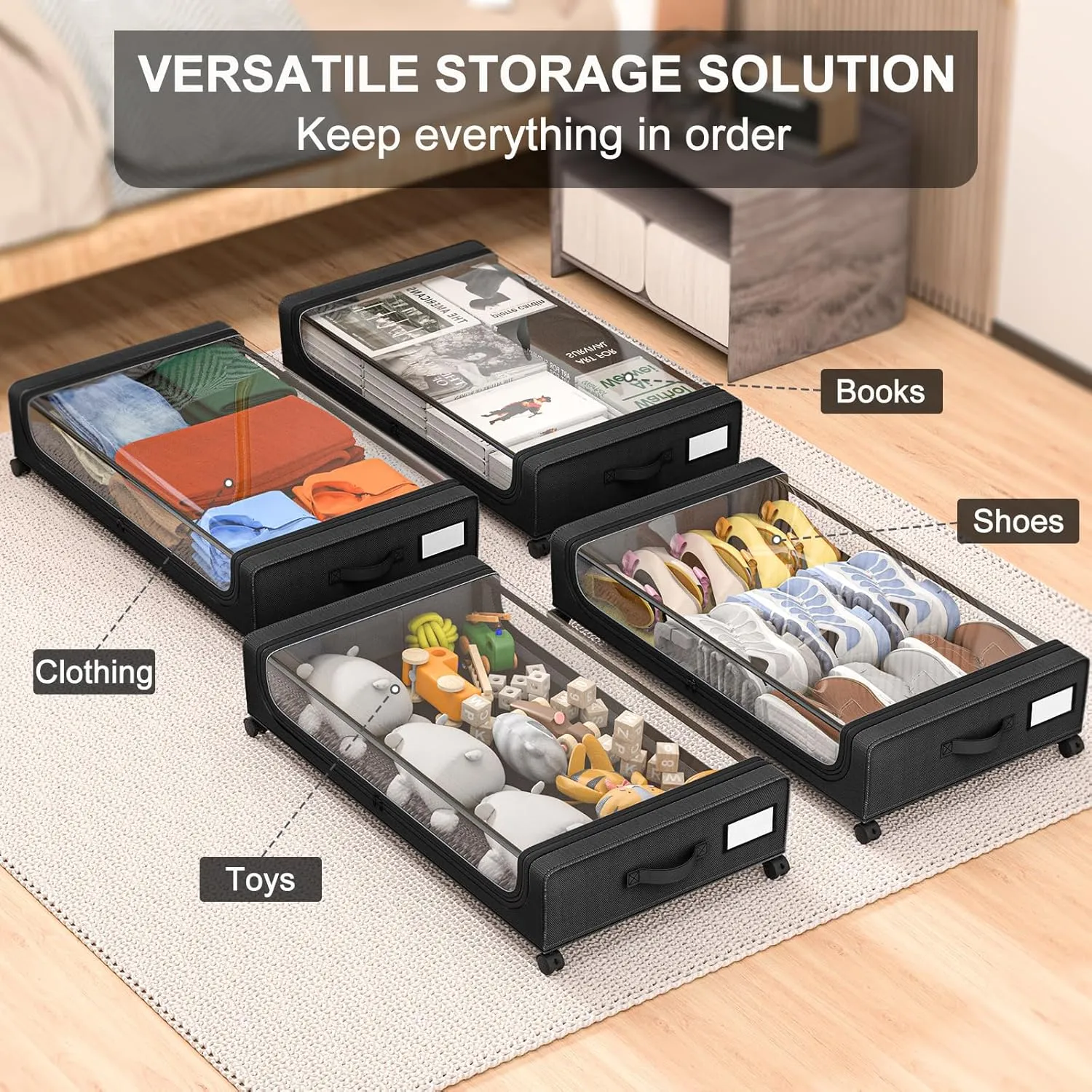 GoMaihe Under Bed Storage with Wheels: XXL Underbed Storage Containers with Clear Lids - Rolling Drawers & Bins for Shoes Clothes in Dorm Bedroom - Space-Saving Easy Pull-out Black 2-Pack
