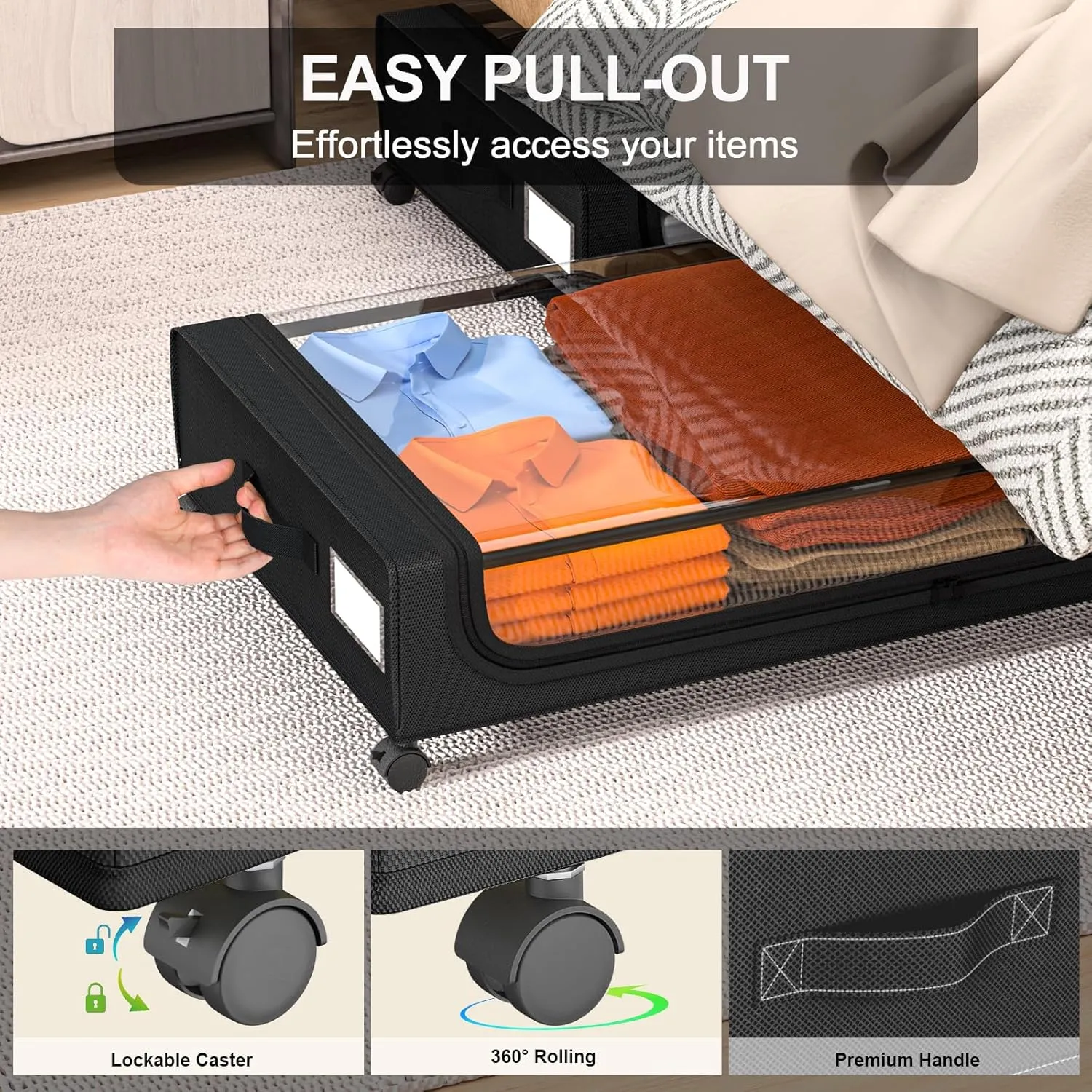 GoMaihe Under Bed Storage with Wheels: XXL Underbed Storage Containers with Clear Lids - Rolling Drawers & Bins for Shoes Clothes in Dorm Bedroom - Space-Saving Easy Pull-out Black 2-Pack