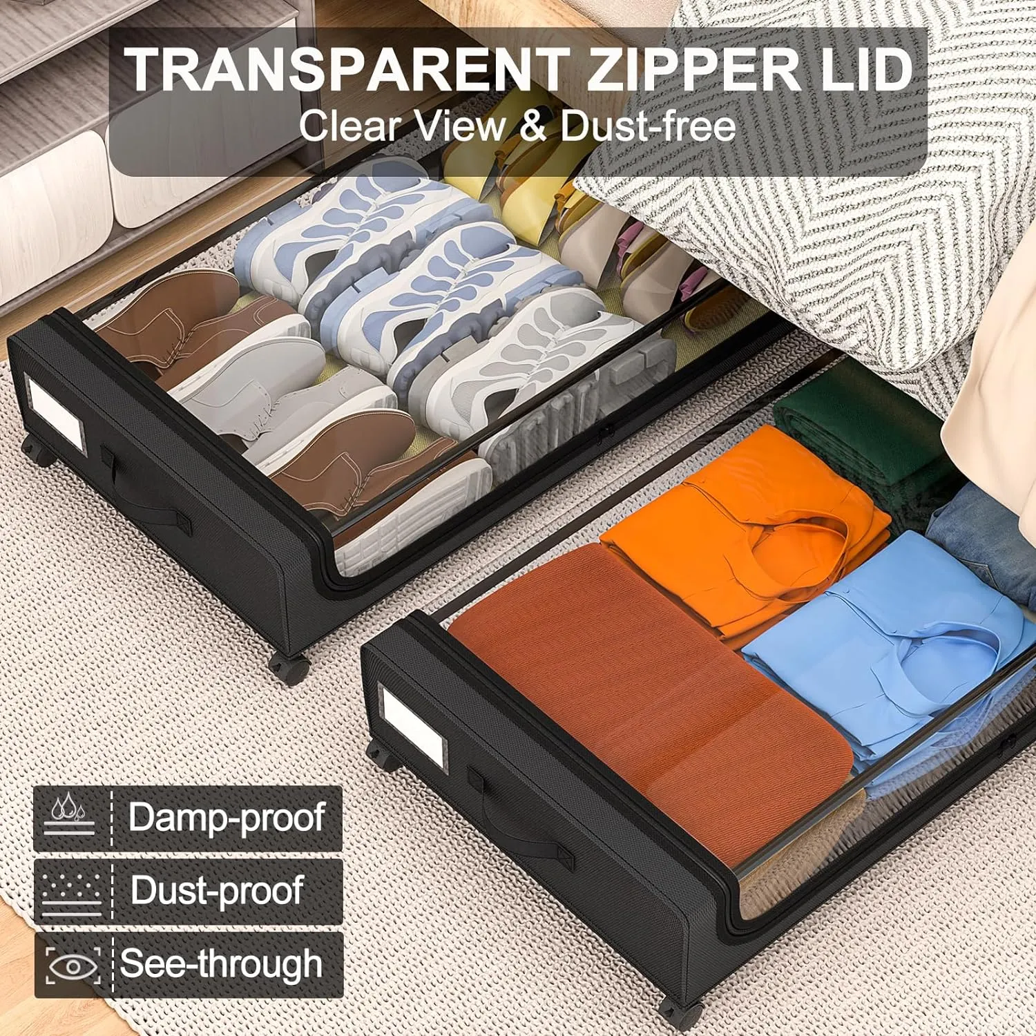 GoMaihe Under Bed Storage with Wheels: XXL Underbed Storage Containers with Clear Lids - Rolling Drawers & Bins for Shoes Clothes in Dorm Bedroom - Space-Saving Easy Pull-out Black 2-Pack