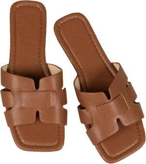 GORGLITTER Women's Crocodile Embossed Flat Sandals Cross Strappy Open Toe Slide Sandals