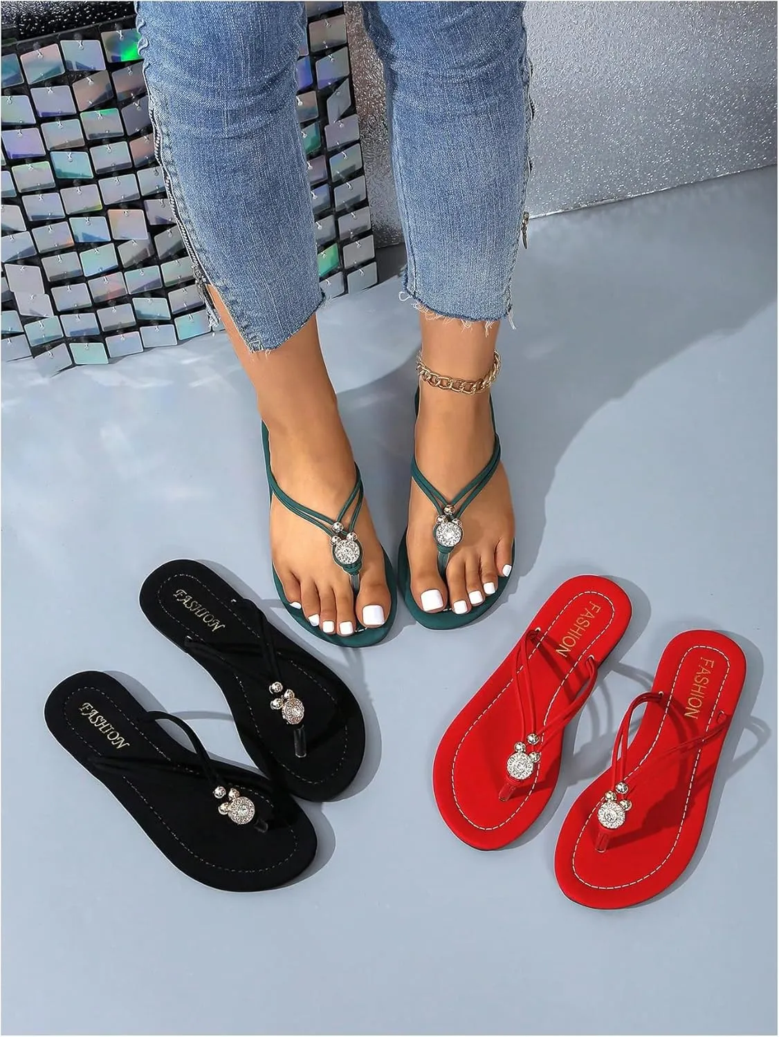 GORGLITTER Women's Pearls Rhinestone Flip Flops Beaded Open Toe Sparkly Thong Flat Sandals Slides
