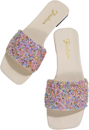 GORGLITTER Women's Rhinestone Sandals Glitter Strappy Sequin Shoes Square Toe Slide Flat Sandals
