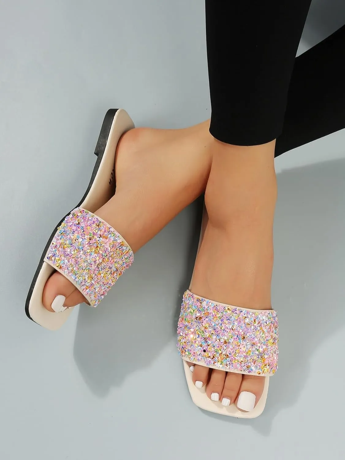 GORGLITTER Women's Rhinestone Sandals Glitter Strappy Sequin Shoes Square Toe Slide Flat Sandals