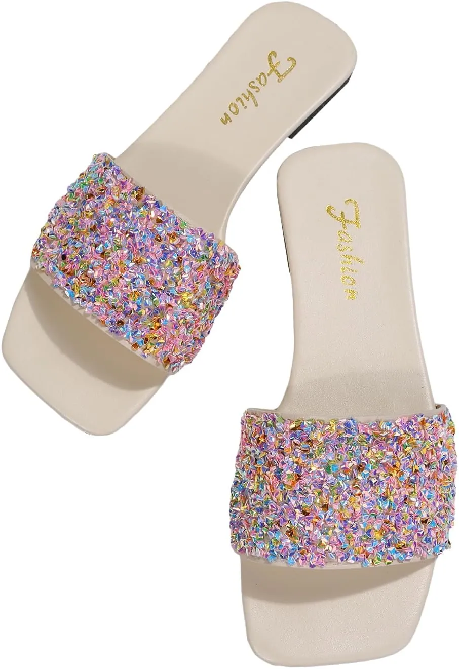 GORGLITTER Women's Rhinestone Sandals Glitter Strappy Sequin Shoes Square Toe Slide Flat Sandals