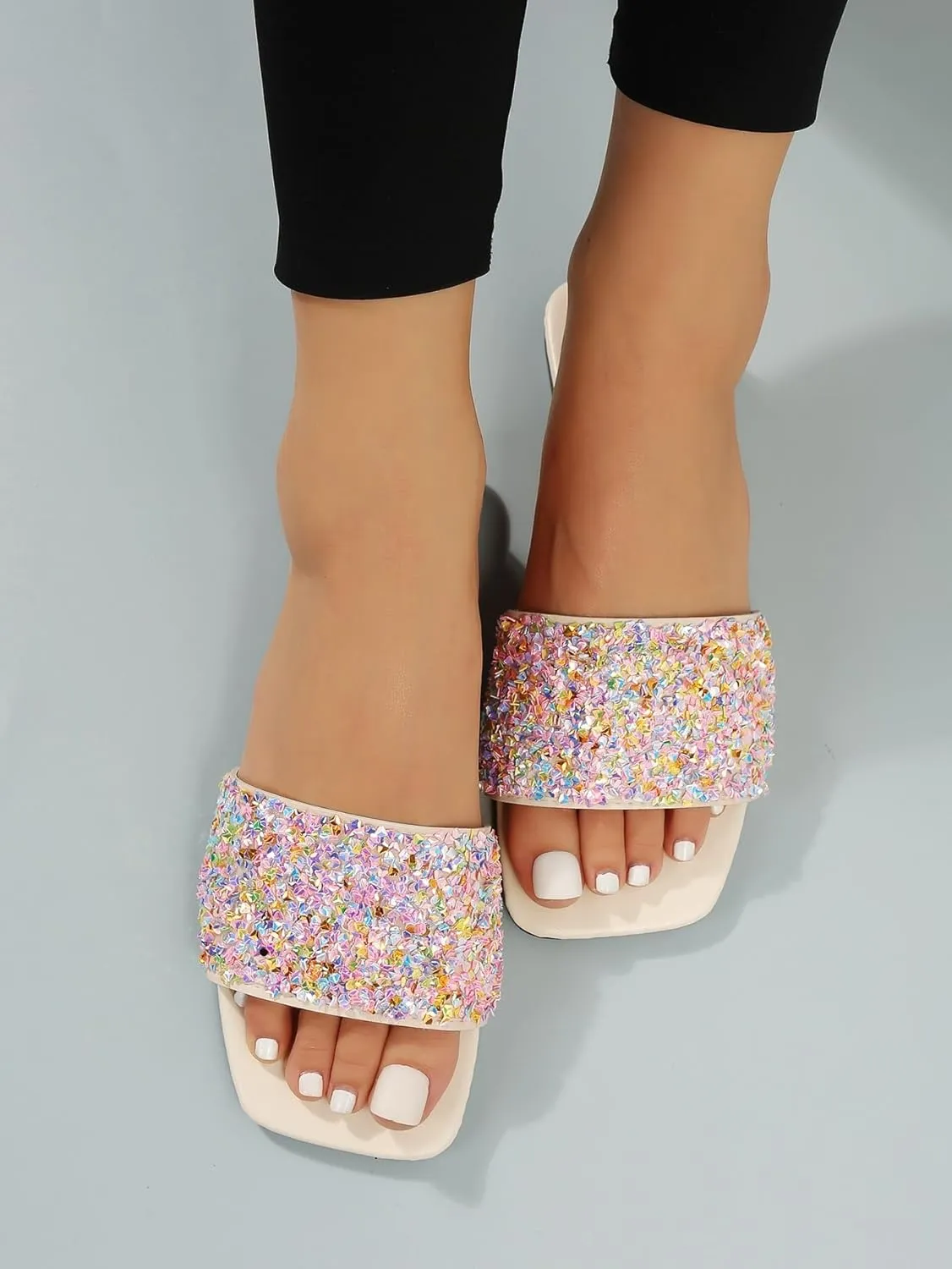 GORGLITTER Women's Rhinestone Sandals Glitter Strappy Sequin Shoes Square Toe Slide Flat Sandals