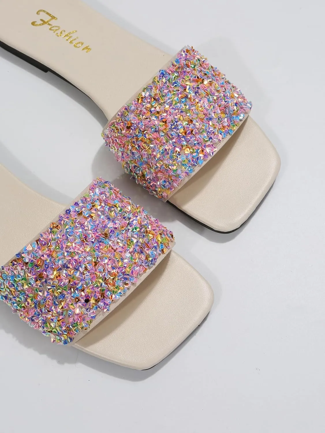 GORGLITTER Women's Rhinestone Sandals Glitter Strappy Sequin Shoes Square Toe Slide Flat Sandals