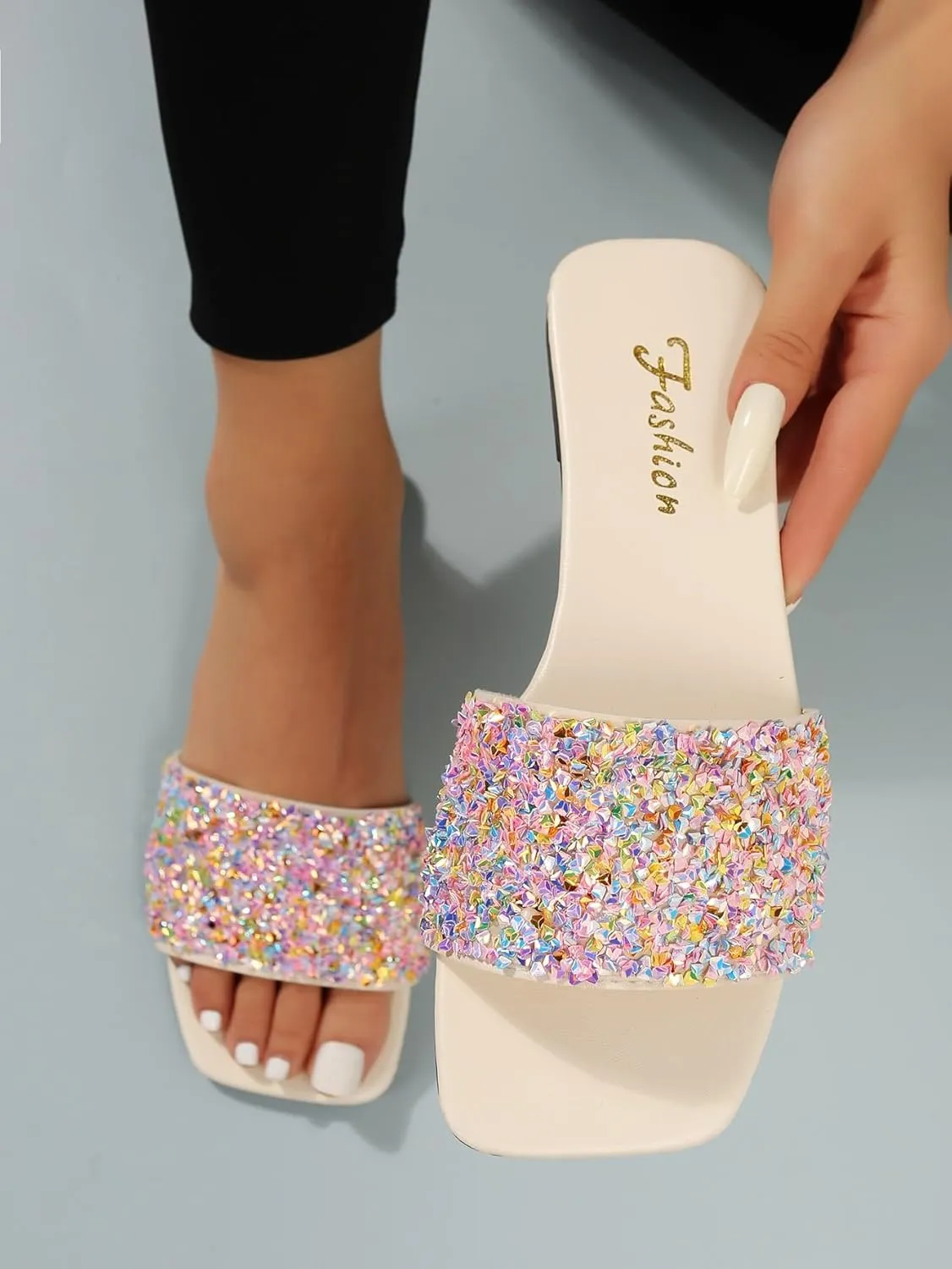 GORGLITTER Women's Rhinestone Sandals Glitter Strappy Sequin Shoes Square Toe Slide Flat Sandals