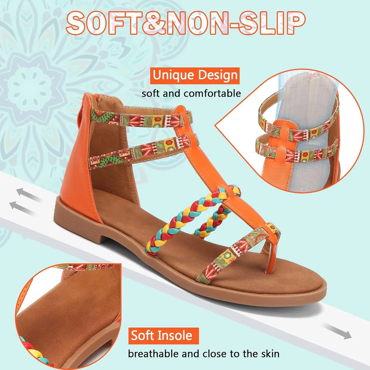 gracosy Women's Flat Sandals Summer Open-Toe Anti-Slip Comfy Ethnic Bohemia Dressy Sandals Ankle Buckle Woven Straps Beach Shoes for Daily Vacation Walking
