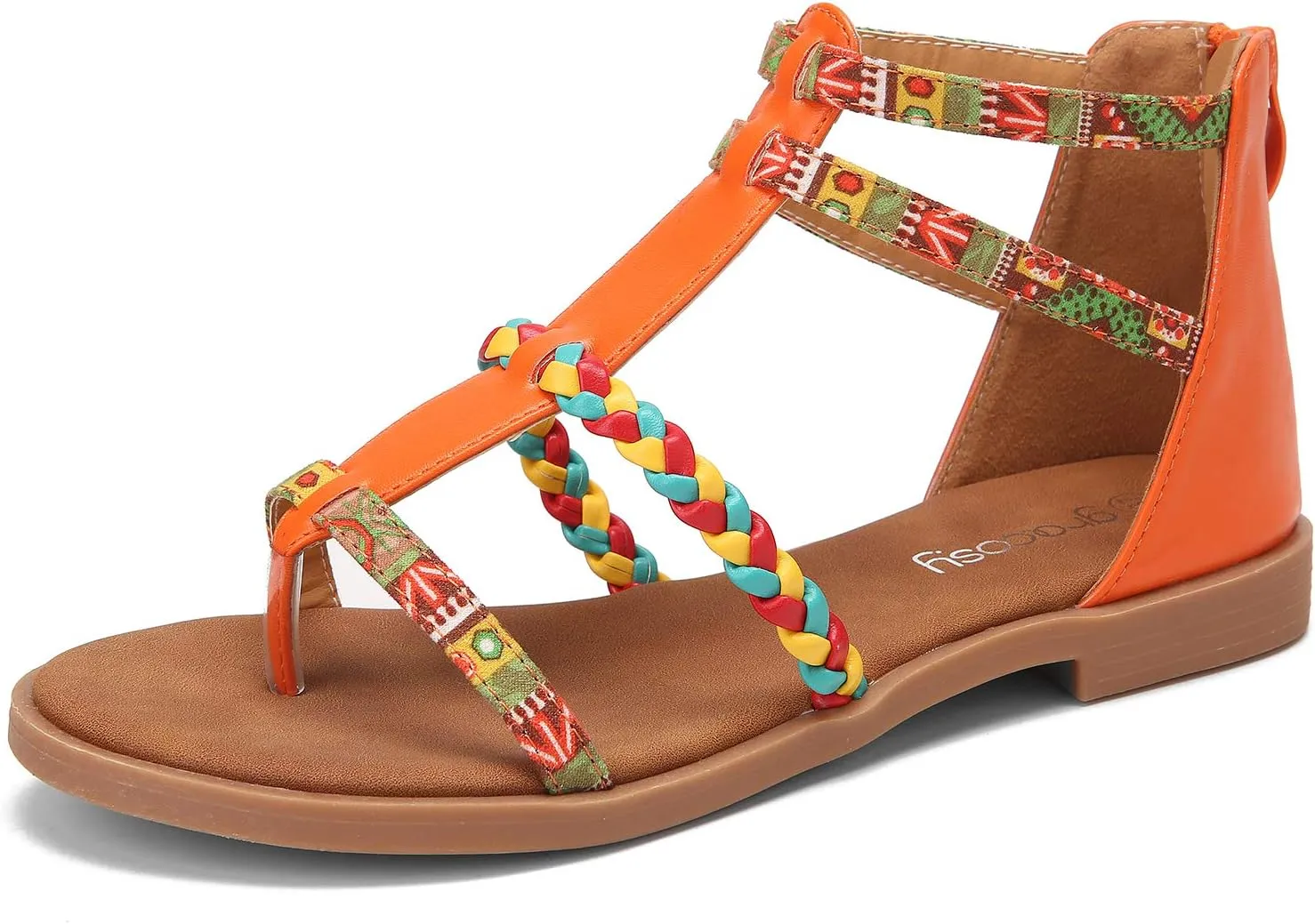 gracosy Women's Flat Sandals Summer Open-Toe Anti-Slip Comfy Ethnic Bohemia Dressy Sandals Ankle Buckle Woven Straps Beach Shoes for Daily Vacation Walking