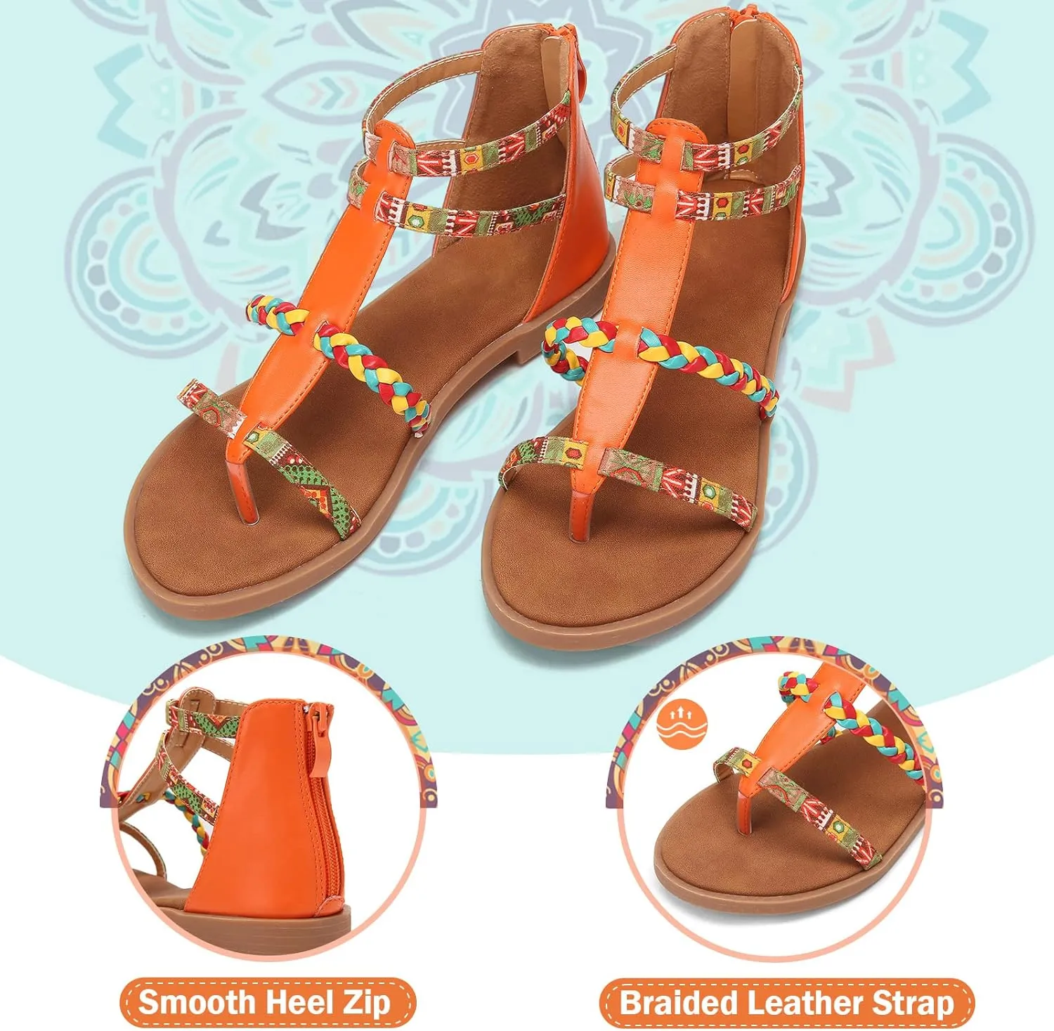 gracosy Women's Flat Sandals Summer Open-Toe Anti-Slip Comfy Ethnic Bohemia Dressy Sandals Ankle Buckle Woven Straps Beach Shoes for Daily Vacation Walking