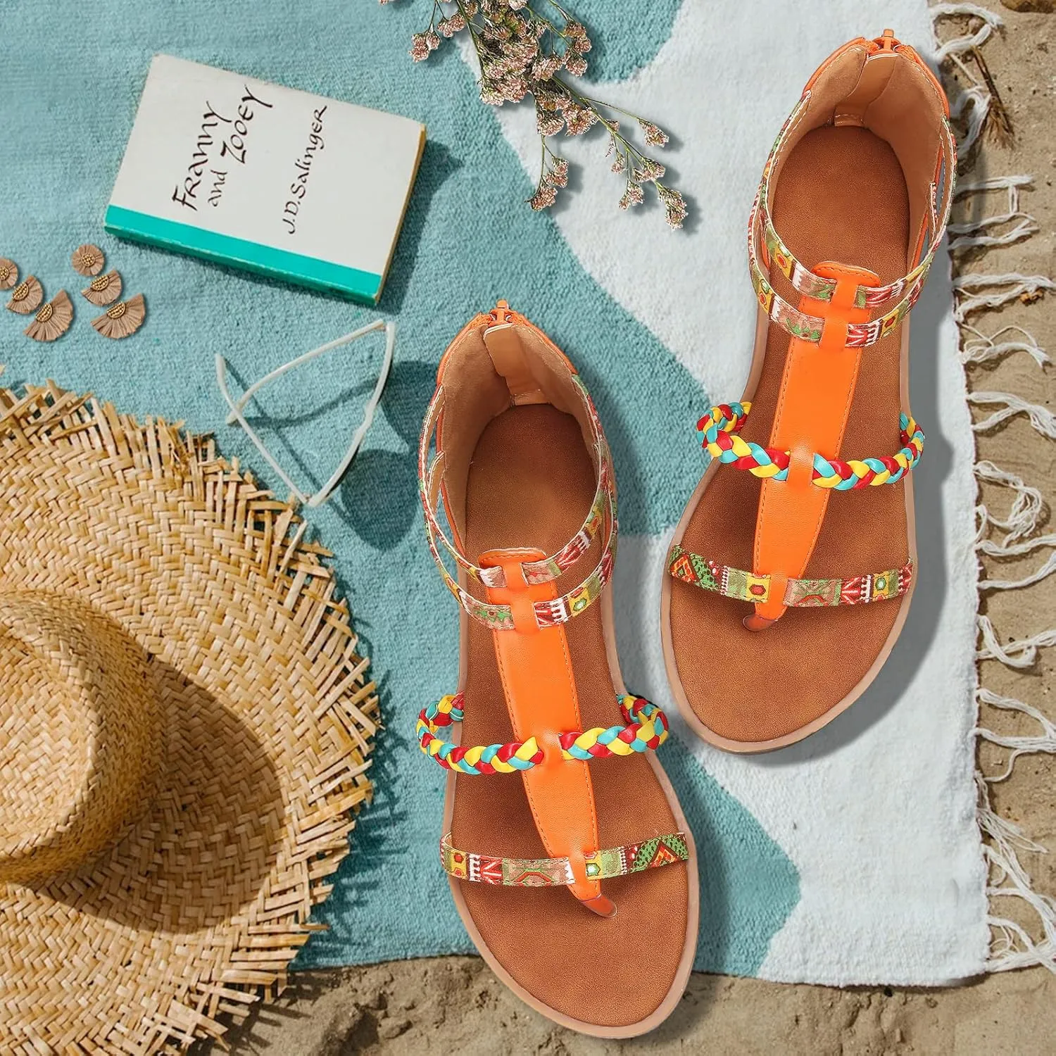 gracosy Women's Flat Sandals Summer Open-Toe Anti-Slip Comfy Ethnic Bohemia Dressy Sandals Ankle Buckle Woven Straps Beach Shoes for Daily Vacation Walking