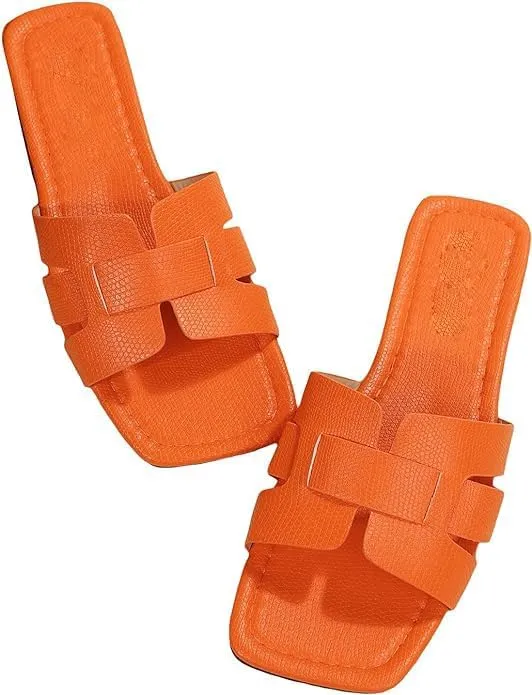 HAKUNA Women's Crocodile Embossed Flat Sandals Open Toe Slide Sandals