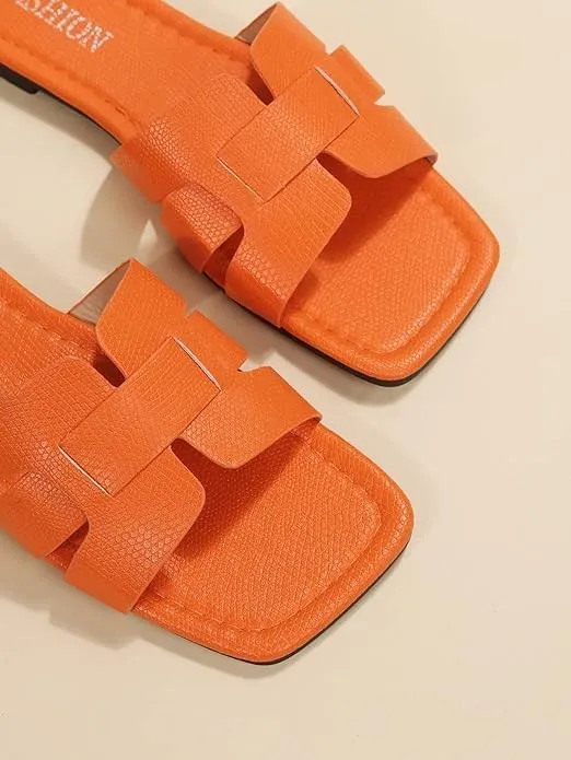 HAKUNA Women's Crocodile Embossed Flat Sandals Open Toe Slide Sandals