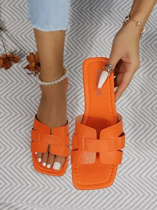 HAKUNA Women's Crocodile Embossed Flat Sandals Open Toe Slide Sandals