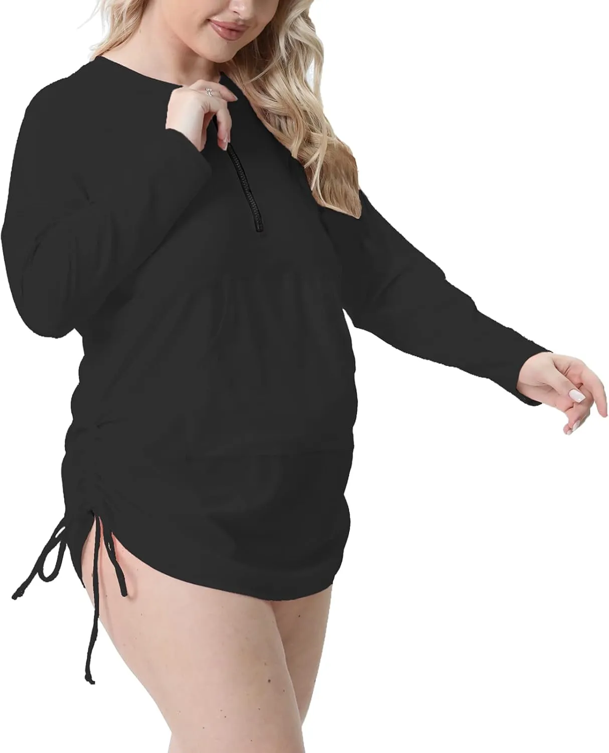 Halcurt Plus Size Rash Guard for Women UPF 50  Zip Drawstring Ruched Pocket Top
