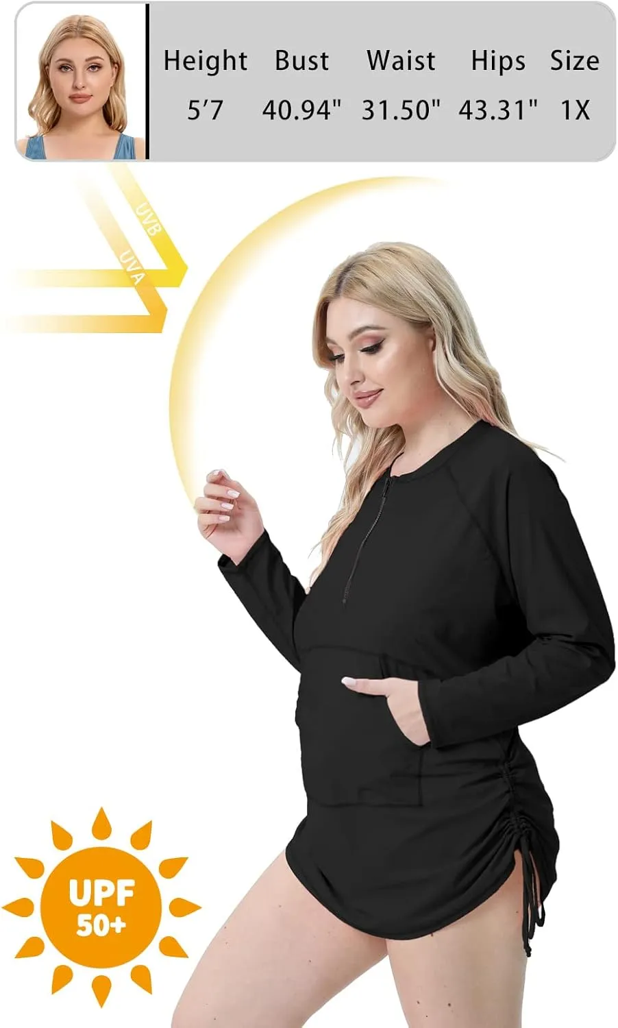 Halcurt Plus Size Rash Guard for Women UPF 50  Zip Drawstring Ruched Pocket Top