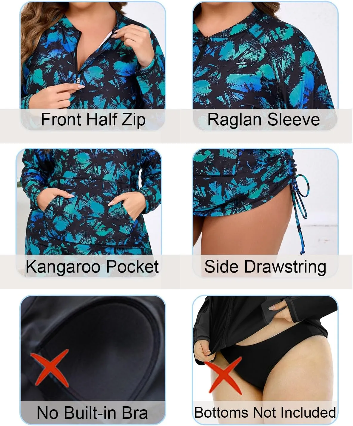 Halcurt Plus Size Rash Guard for Women UPF 50  Zip Drawstring Ruched Pocket Top