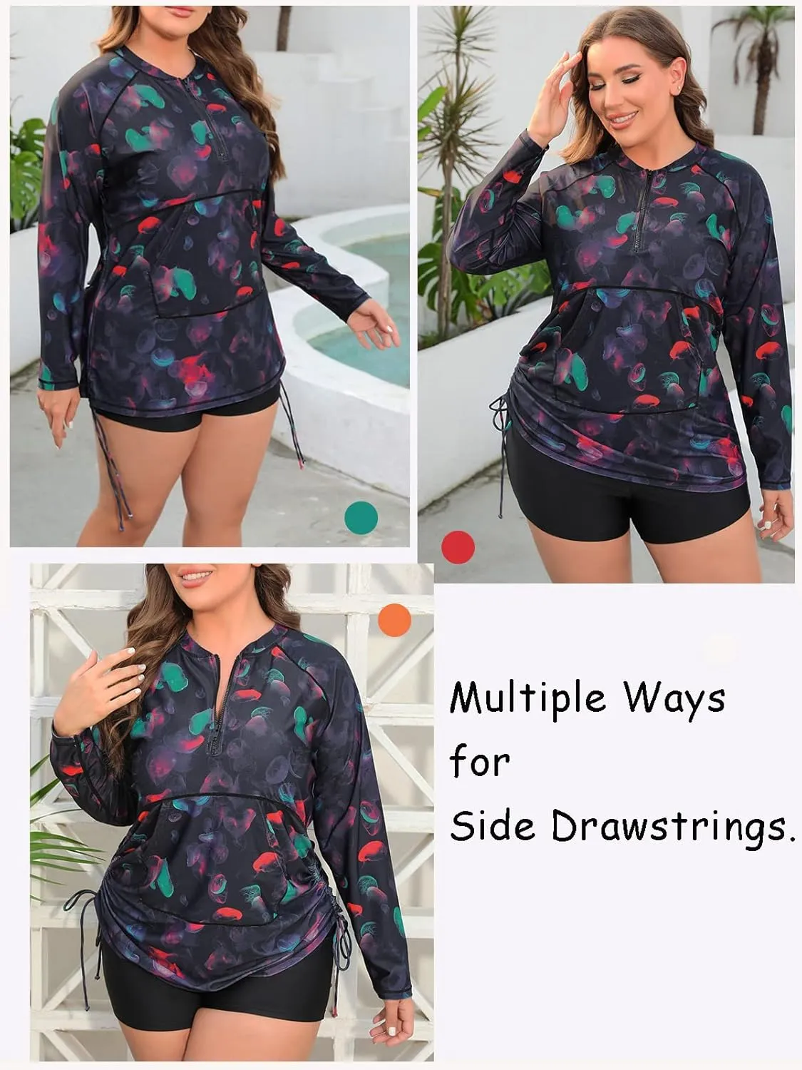 Halcurt Plus Size Rash Guard for Women UPF 50  Zip Drawstring Ruched Pocket Top
