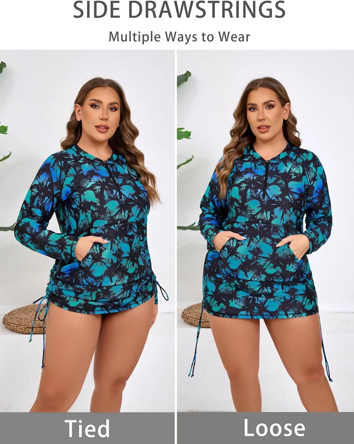 Halcurt Plus Size Rash Guard for Women UPF 50  Zip Drawstring Ruched Pocket Top
