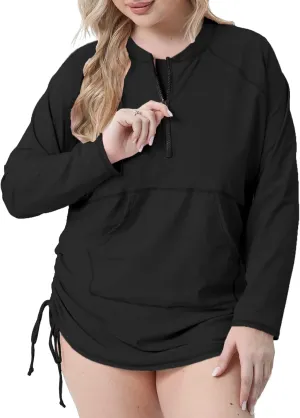 Halcurt Plus Size Rash Guard for Women UPF 50  Zip Drawstring Ruched Pocket Top