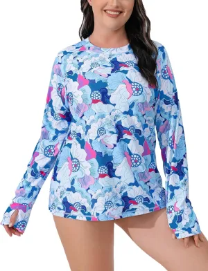 Halcurt Women Plus Size Rash Guard with Thumb Hole Long Sleeve Swim Shirt UPF50  Swimsuit Top