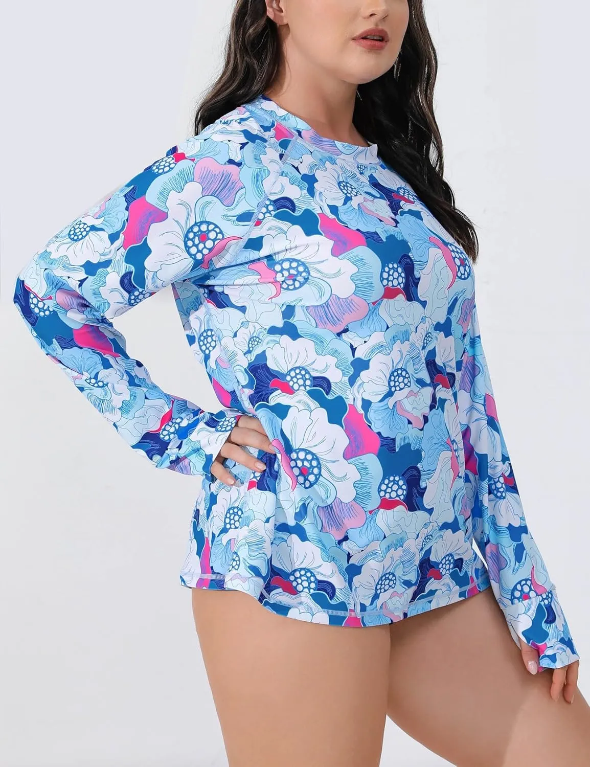 Halcurt Women Plus Size Rash Guard with Thumb Hole Long Sleeve Swim Shirt UPF50  Swimsuit Top