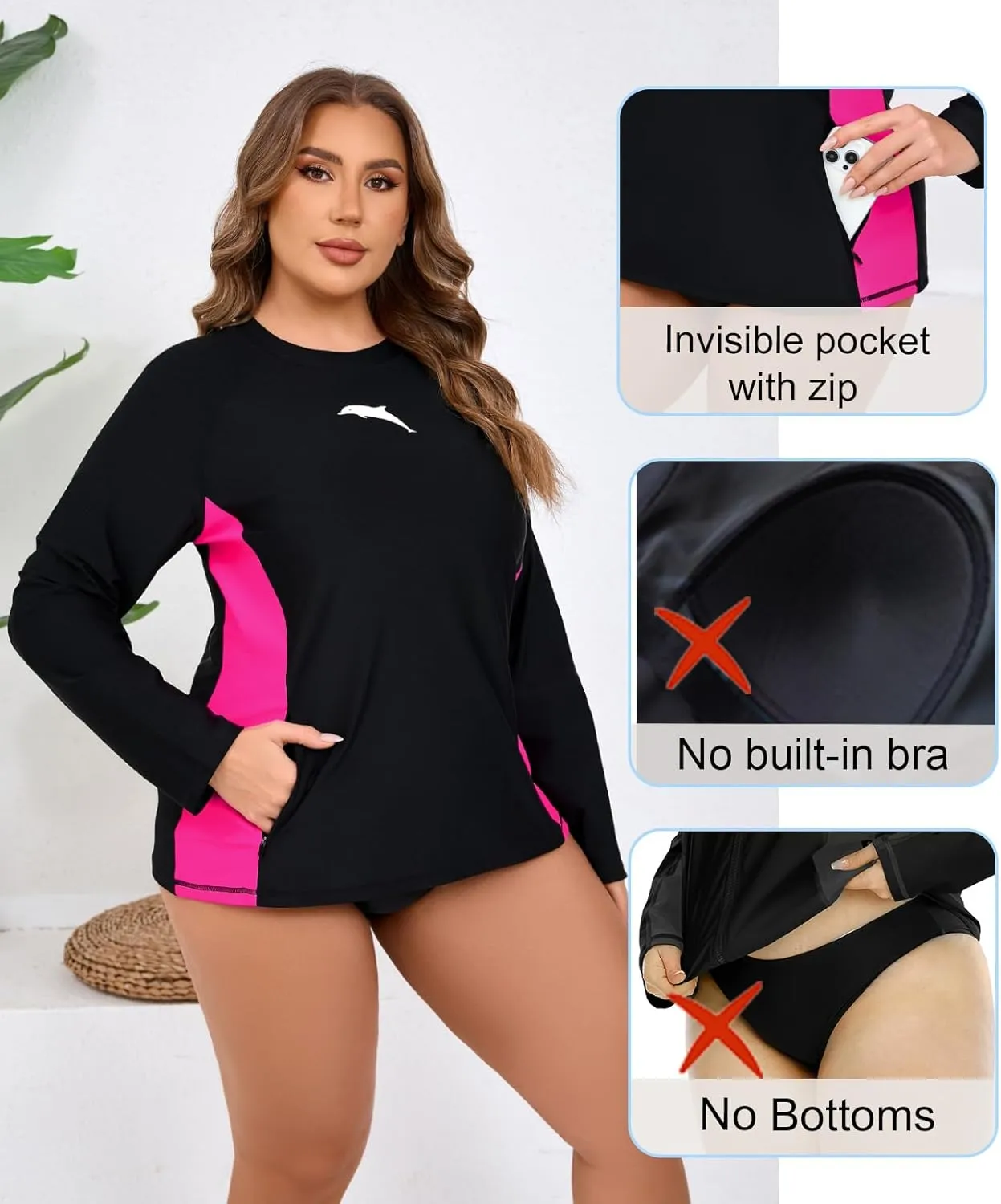 Halcurt Women Plus Size Rash Guard with Thumb Hole Long Sleeve Swim Shirt UPF50  Swimsuit Top