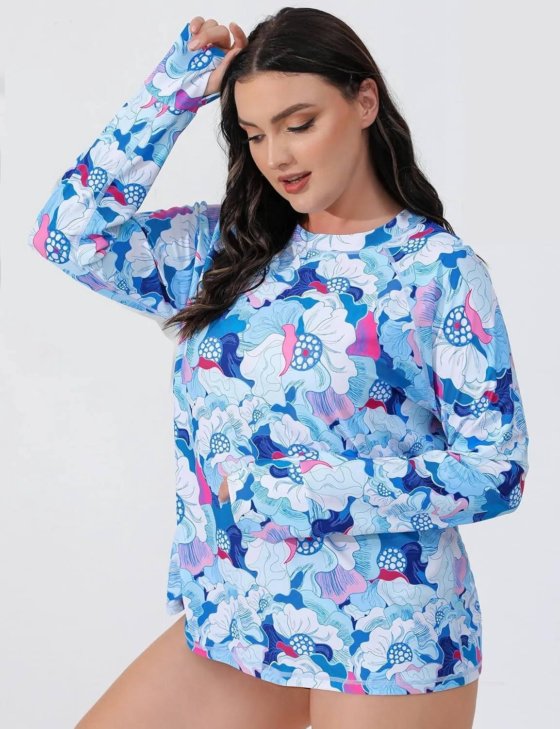 Halcurt Women Plus Size Rash Guard with Thumb Hole Long Sleeve Swim Shirt UPF50  Swimsuit Top