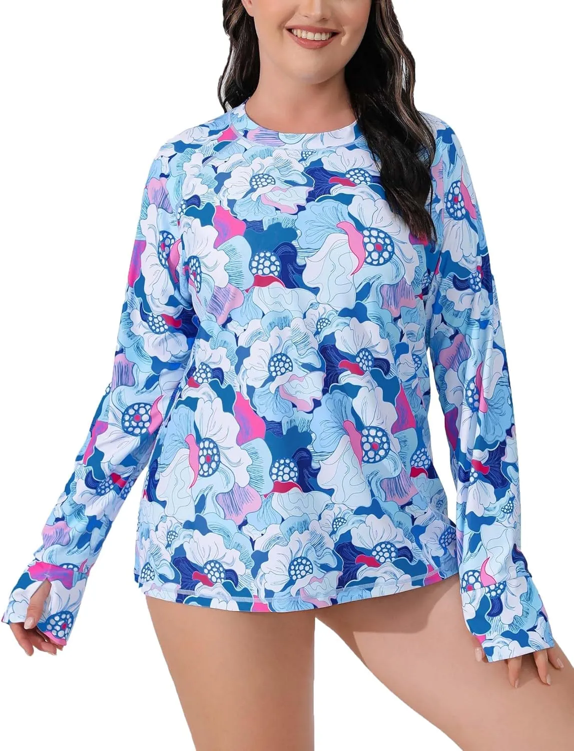 Halcurt Women Plus Size Rash Guard with Thumb Hole Long Sleeve Swim Shirt UPF50  Swimsuit Top